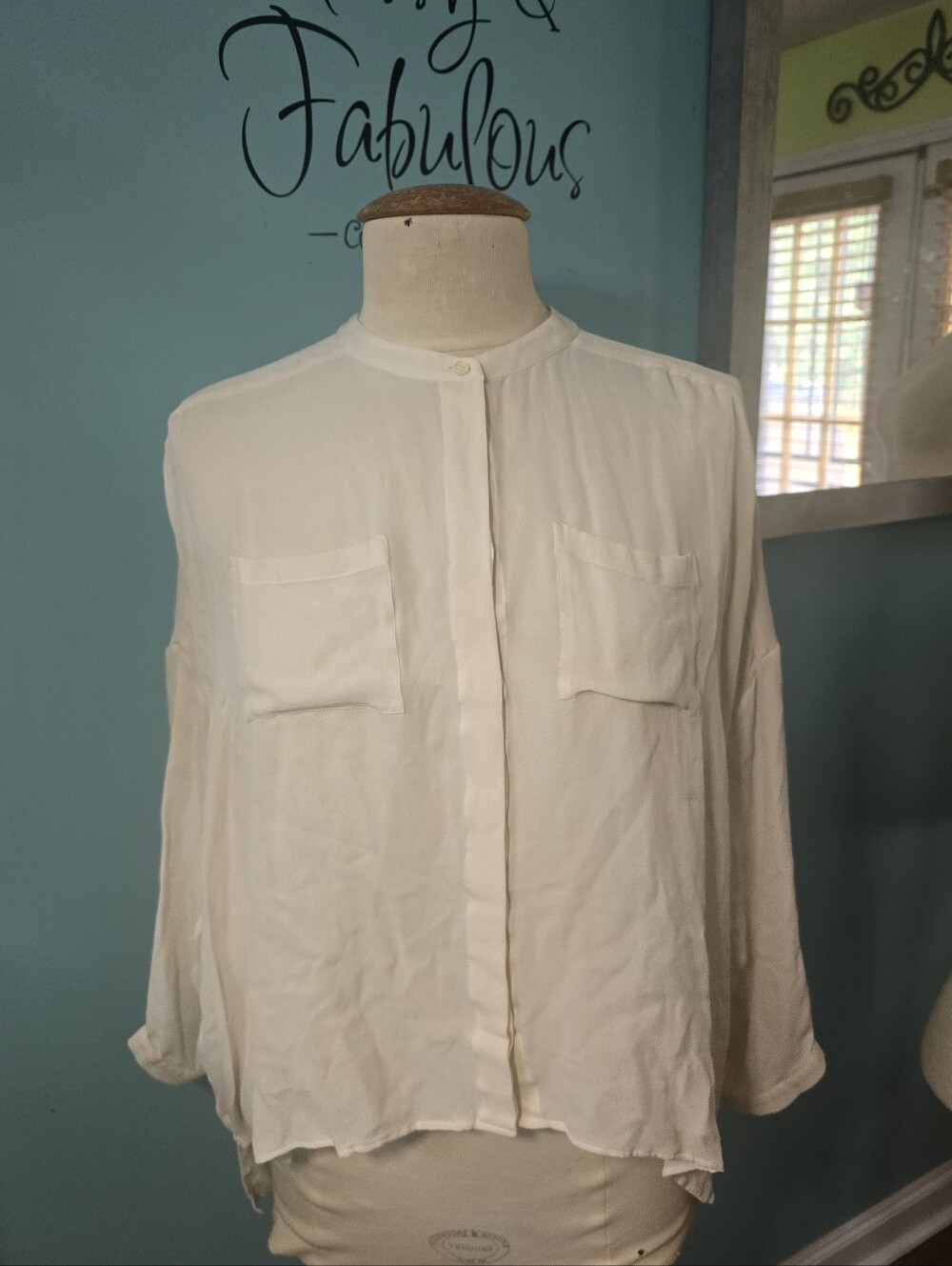 Etro Cream Silk Button-Front Pocket Blouse